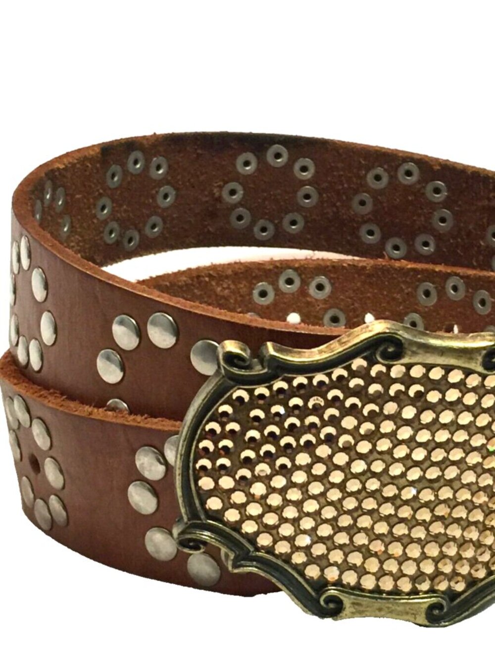 VINTAGE BROWN LEATHER STUDDED BELT WOMENS 34 RHINESTONE BUCKLE WESTERN RODEO